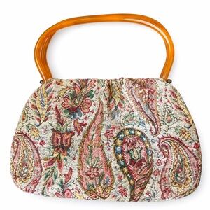 MM Regency tapestry carpet bag by Morris Moskowitz clam shell vintage1960s–70s.